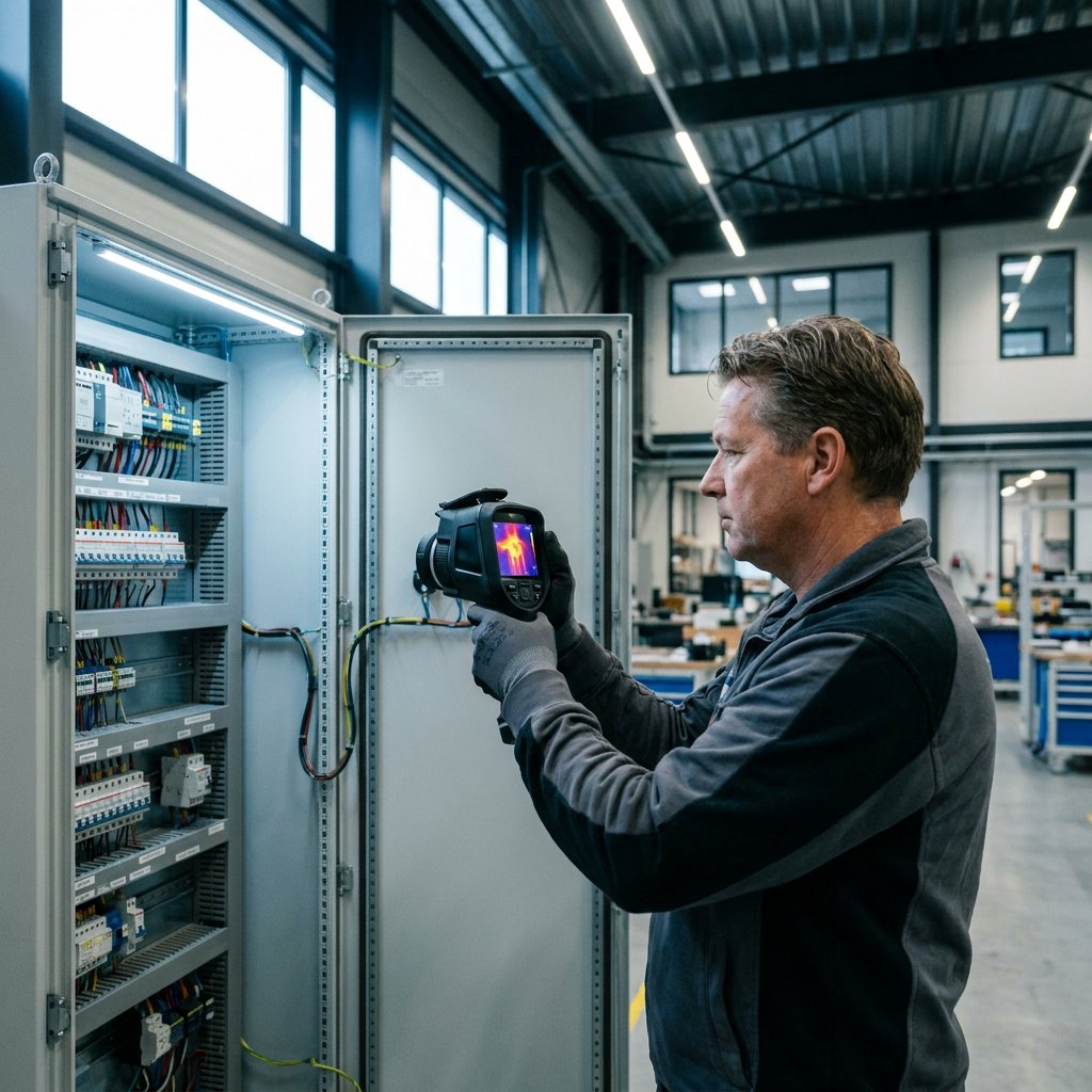 Elektrotechnisch inspecteur scant een open verdeelkast met een warmtebeeldcamera in een bedrijfspand.