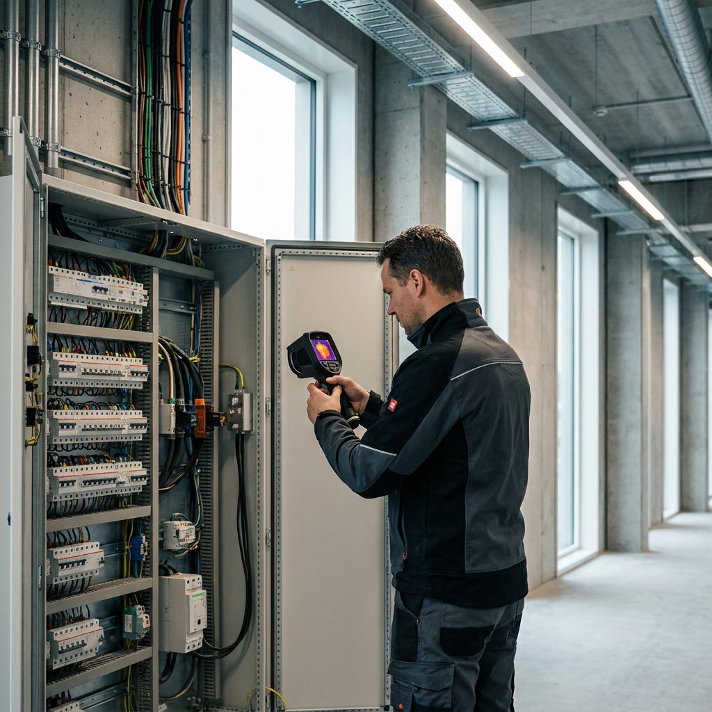 Inspecteur onderzoekt een open verdeelkast met een warmtebeeldcamera in een bedrijfsgebouw.
