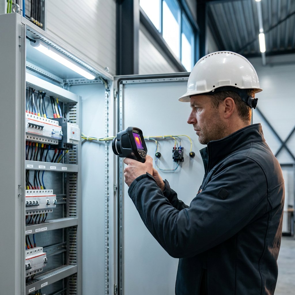 Inspecteur met veiligheidshelm controleert een verdeelkast met een warmtebeeldcamera.
